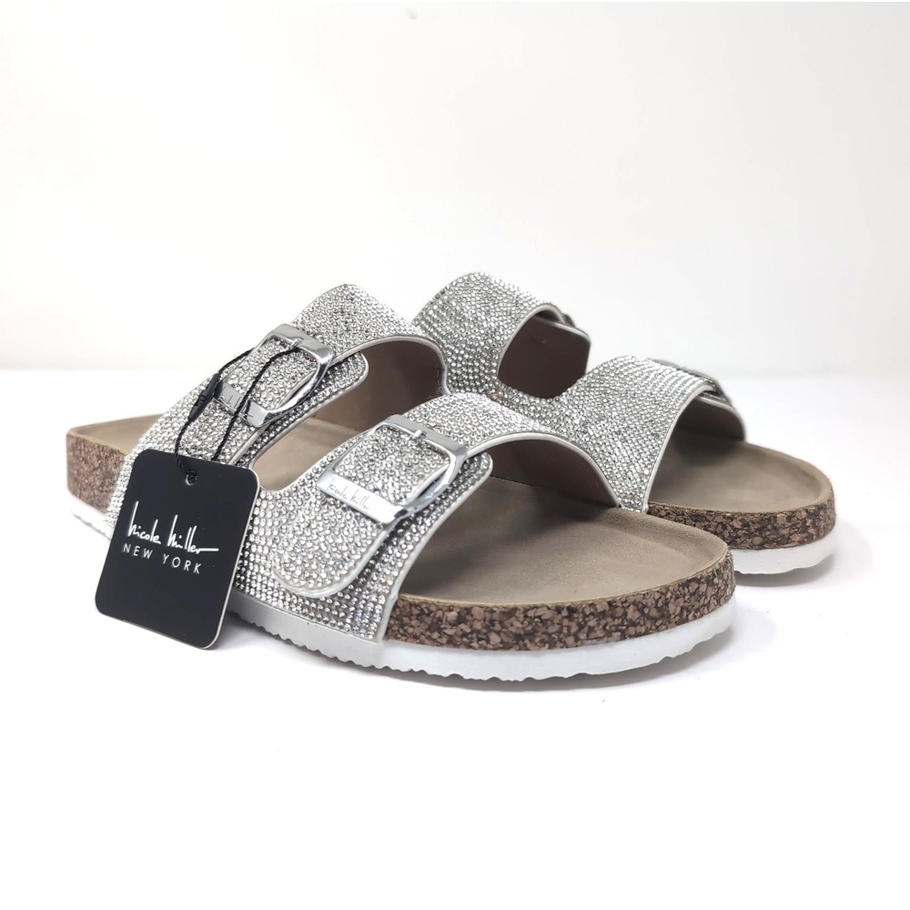 NEW Nicole Miller Zesty Sandals Rhinestone Buckle Double Strap Slides 7.5 NWOB